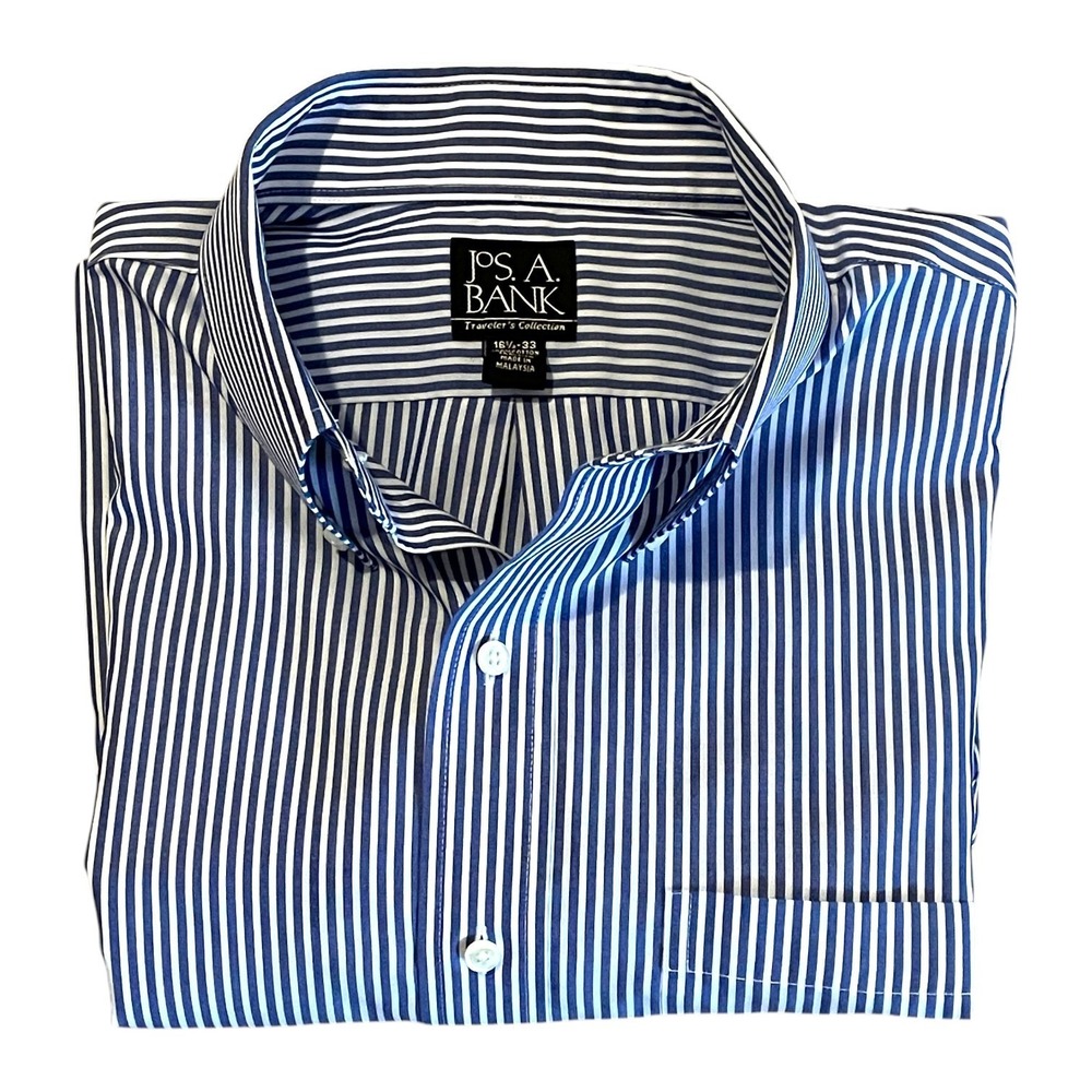 Jos A Bank Mens Travelers Collection Blue Stripe Button Down L/S Shirt 16.5x33